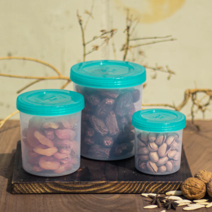 3-Piece Round Plastic Jar Set – BPA-Free Storage Containers with Aqua Lids – Ideal for Dry Fruits, Spices, Snacks & Kitchen Use