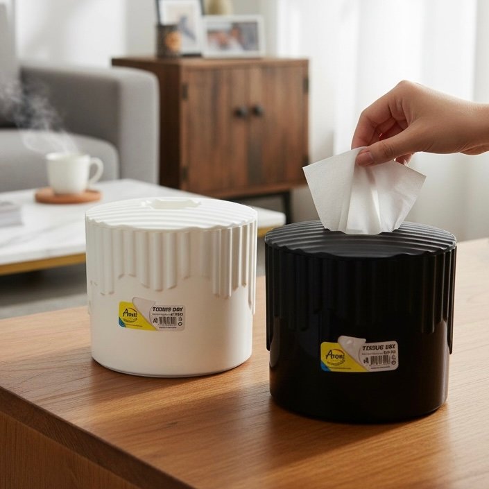 Aroni Household Decorative Round Plastic Tissue Box in black and white on a wooden table.