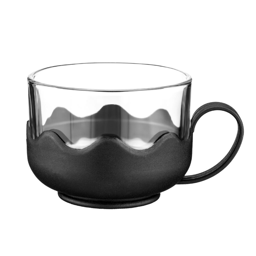 Glass Tea Mug with Black Silicone Grip – Stylish Transparent Cup for Chai, Coffee & Green Tea – Heat Resistant Handle Mug for Home & Office