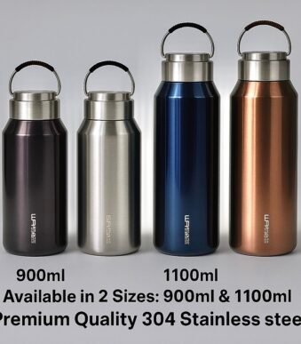 "Premium 304 stainless steel water bottles in 900ml and 1100ml sizes – vacuum insulated flasks with carry handles"