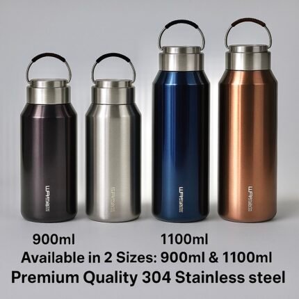 "Premium 304 stainless steel water bottles in 900ml and 1100ml sizes – vacuum insulated flasks with carry handles"