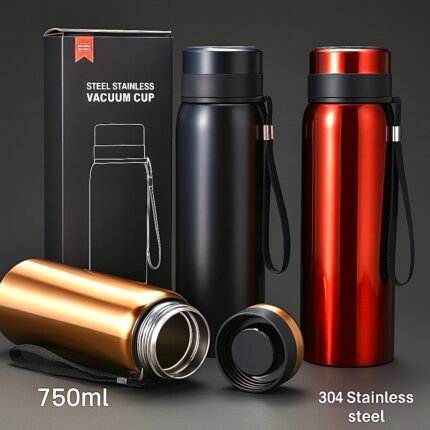 "750ml stainless steel vacuum flask in black, red, and gold – insulated hot & cold thermos bottle with carry strap"