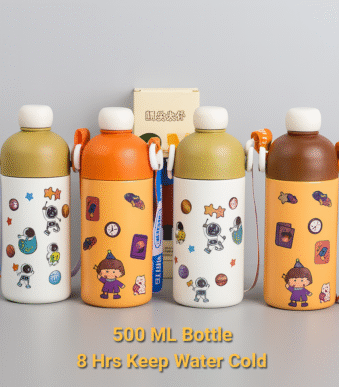 "500ml cartoon-themed kids water bottles with colorful designs and carry straps – insulated stainless steel flasks"
