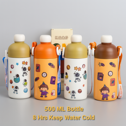 "500ml cartoon-themed kids water bottles with colorful designs and carry straps – insulated stainless steel flasks"