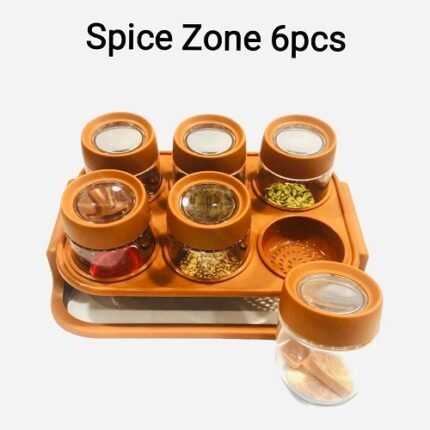 6 Pcs Spice Zone Jar Set with Tray – Transparent Plastic Masala Box for Kitchen Storage in Pakistan