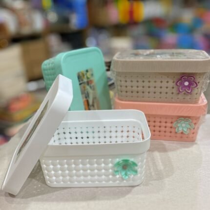 Multipurpose Plastic Storage Basket with Lid – Durable Organizer for Kitchen, Bathroom & Home Use