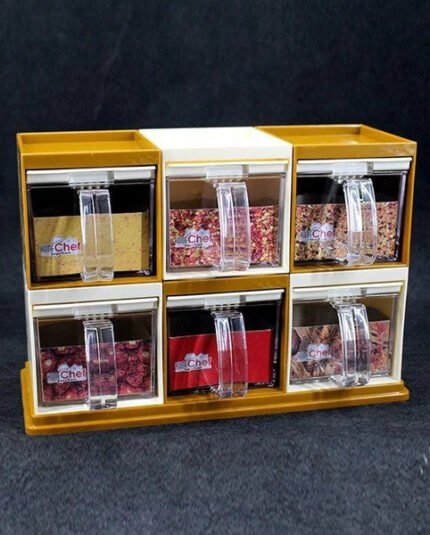 6 Jar Home Chef Spice Rack Set – Rotating Plastic Masala Box with Spoons for Kitchen in Pakistan