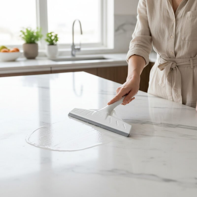 Window Squeegee for Glass Cleaning used on a glass shower door.