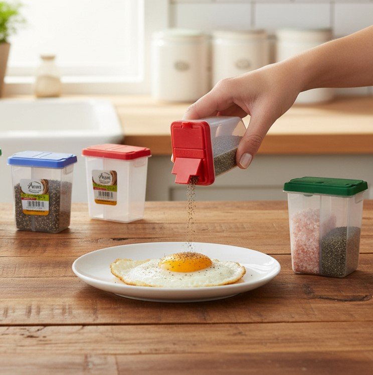 Aroni Household 2-in-1 Salt and Pepper Shaker with Dual Partitions being used to season a fried egg.