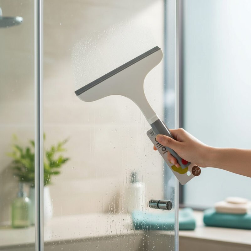 Window Squeegee for Glass Cleaning used on a glass shower door.