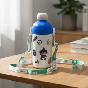 Kids beige stainless steel flask with astronaut stickers