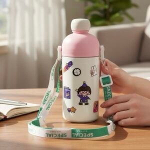 Kids beige stainless steel flask with astronaut stickers