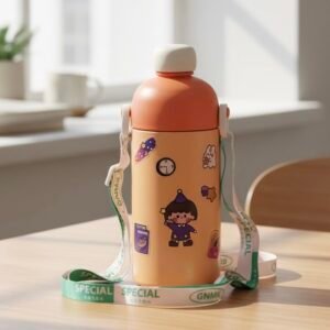 Kids beige stainless steel flask with astronaut stickers