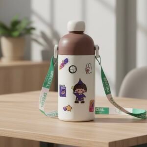 Kids beige stainless steel flask with astronaut stickers