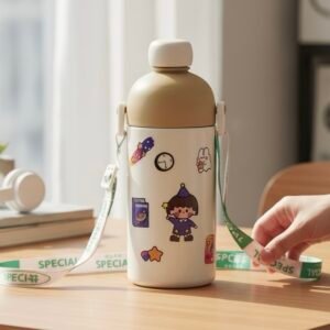 Kids beige stainless steel flask with astronaut stickers