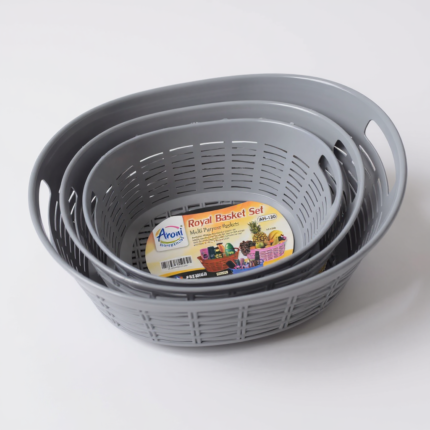Aroni Household Royal 3-in-1 nested Fruit and Vegetable basket set in grey for kitchen organization.