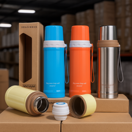 Collection of double-wall vacuum insulated thermal flasks in orange, cream, and blue. Includes 750ml and 500ml sizes for hot and cold beverages.