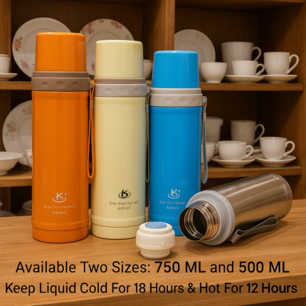 Collection of double-wall vacuum insulated thermal flasks in orange, cream, and blue. Includes 750ml and 500ml sizes for hot and cold beverages.
