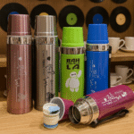 Collection of colorful insulated thermal flasks with cartoon characters and unique designs, including pink, silver, green, and blue bottles. One flask is open showing the inner mechanism