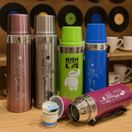 Collection of colorful insulated thermal flasks with cartoon characters and unique designs, including pink, silver, green, and blue bottles. One flask is open showing the inner mechanism