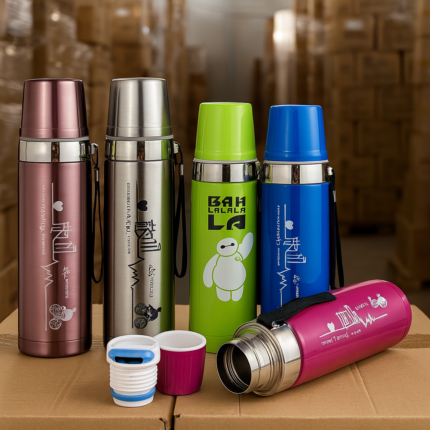 Collection of colorful insulated thermal flasks with cartoon characters and unique designs, including pink, silver, green, and blue bottles. One flask is open showing the inner mechanism