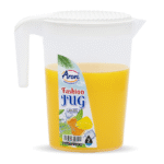 "Transparent plastic jug filled with orange juice, featuring a white lid and handle. The jug has a colorful label reading 'Aroni Fourhours Fashion Jug AH-225' with fruit graphics and a 2-liter capacity indication."