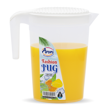 "Transparent plastic jug filled with orange juice, featuring a white lid and handle. The jug has a colorful label reading 'Aroni Fourhours Fashion Jug AH-225' with fruit graphics and a 2-liter capacity indication."
