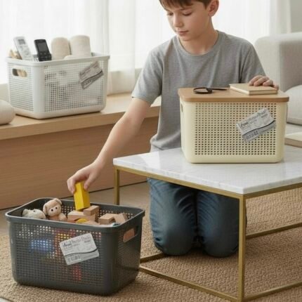 Durable perforated plastic storage basket with lid, ideal organizer box set for kitchen and bathroom household items at wholesale rate in Pakistan.