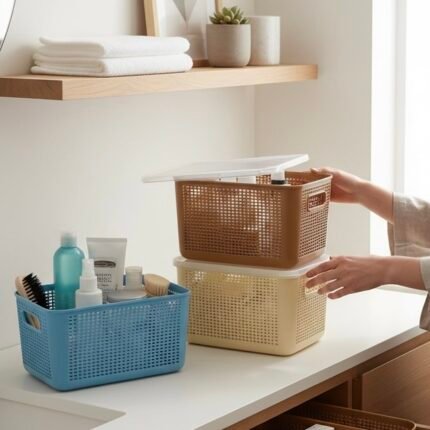 Durable perforated plastic storage basket with lid, ideal organizer box set for kitchen and bathroom household items at wholesale rate in Pakistan.
