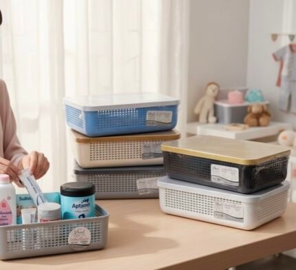 Durable plastic storage organizer box with lid for baby items, kitchen accessories, and home use, available at best wholesale price in Pakistan.