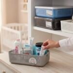 Aroni Household Deluxe Plastic Storage Basket in beige used for bathroom vanity organization.