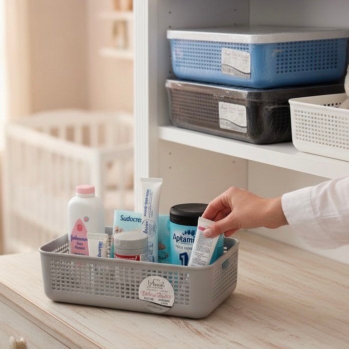 Aroni Household Deluxe Plastic Storage Basket in beige used for bathroom vanity organization.