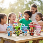 Set of 6 kids cartoon plastic straw cups with lids featuring Angry Birds Frozen Ben 10 Doraemon and Super Heroes ideal for school party favors and cold drinks Pakistan wholesale.