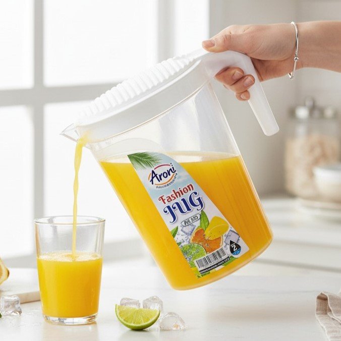 "Transparent plastic jug filled with orange juice, featuring a white lid and handle. The jug has a colorful label reading 'Aroni Fourhours Fashion Jug AH-225' with fruit graphics and a 2-liter capacity indication."