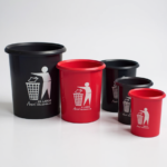 Aroni Household Round Plastic Dustbin set in black and red colors showing different sizes for home and office.