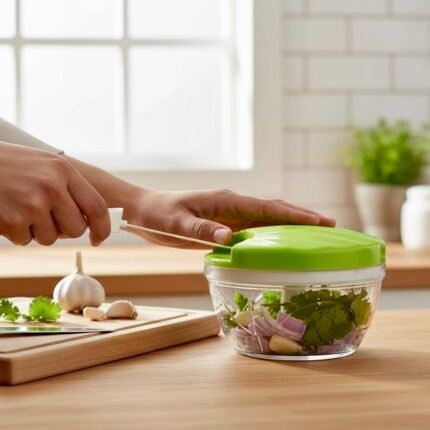 Best manual vegetable rope chopper Pakistan, durable plastic kitchen accessory for garlic and onion.