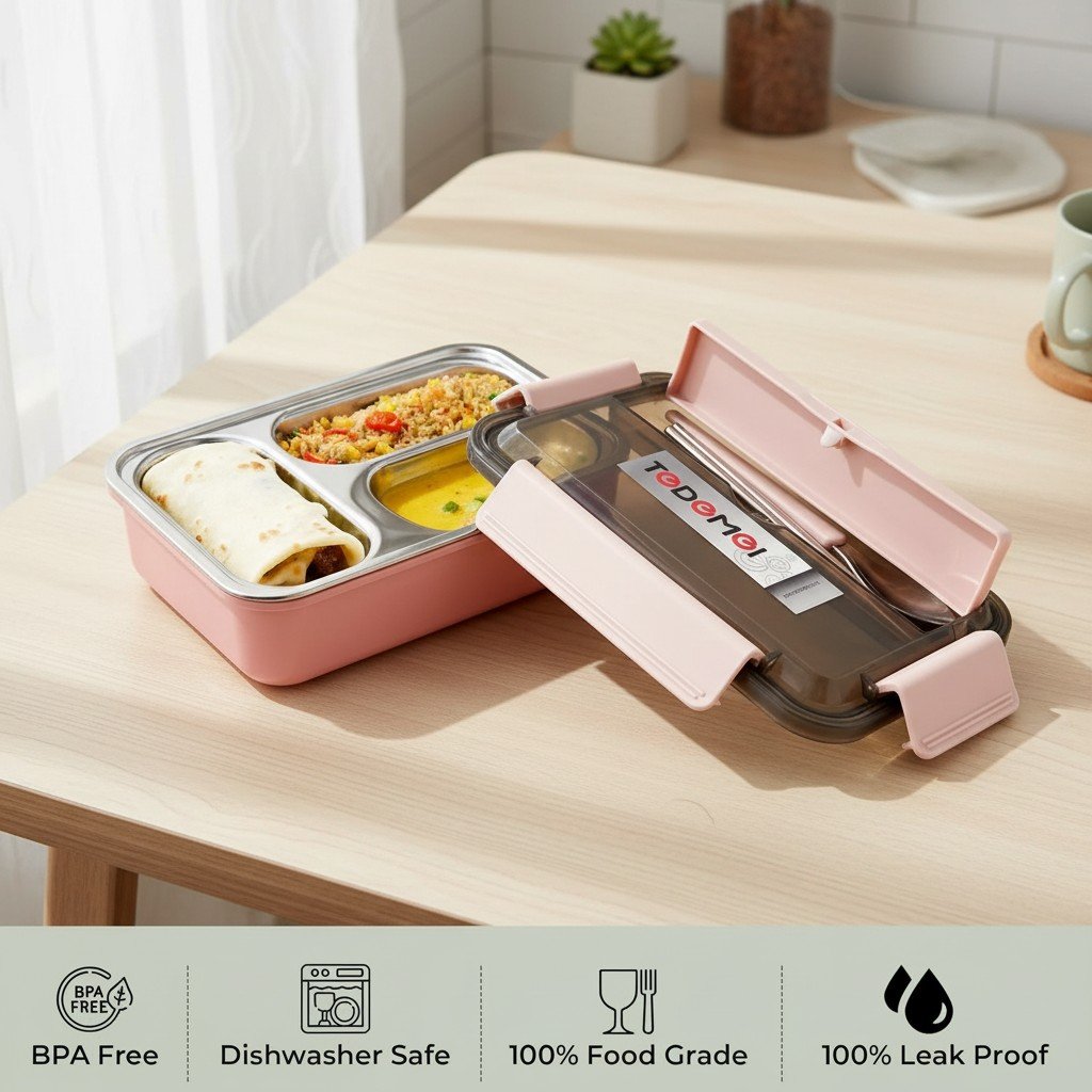 todemei-stainless-steel-lunch-box-3-compartment-bpa-free-pakistan.webp TODEMEI stainless steel 3-compartment bento lunch box with cutlery set, BPA free and leak proof, pink colour, available in Pakistan