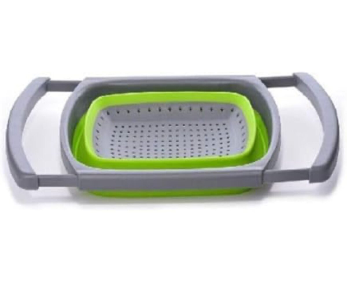 Green and grey collapsible silicone colander with quick drain holes, perfect for washing fruits, vegetables, and pasta in the kitchen.