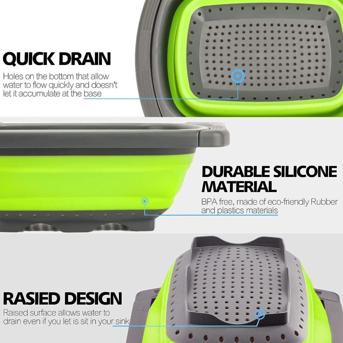 Green and grey collapsible silicone colander with quick drain holes, perfect for washing fruits, vegetables, and pasta in the kitchen.