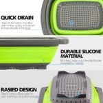 Green and grey collapsible silicone colander with quick drain holes, perfect for washing fruits, vegetables, and pasta in the kitchen.