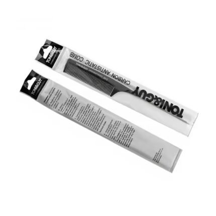 Toni & Guy carbon antistatic professional tail comb in transparent packaging, ideal for heat styling and precision sectioning.