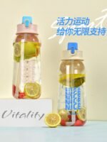 "Portable water bottle with handle and straw, 1700ml or 2000ml capacity, ideal for sports and travel"