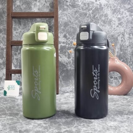 Two stylish sports water bottles in beige and green color with flip lock lid design, ideal for gym and daily hydration