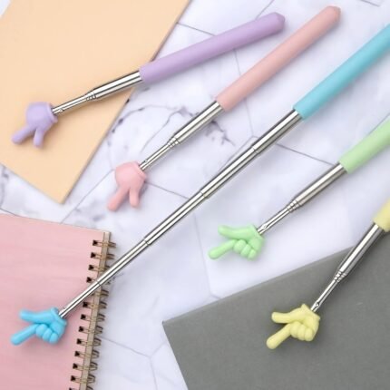 Man using a blue hand-shaped telescopic back scratcher stick for itching relief on his back