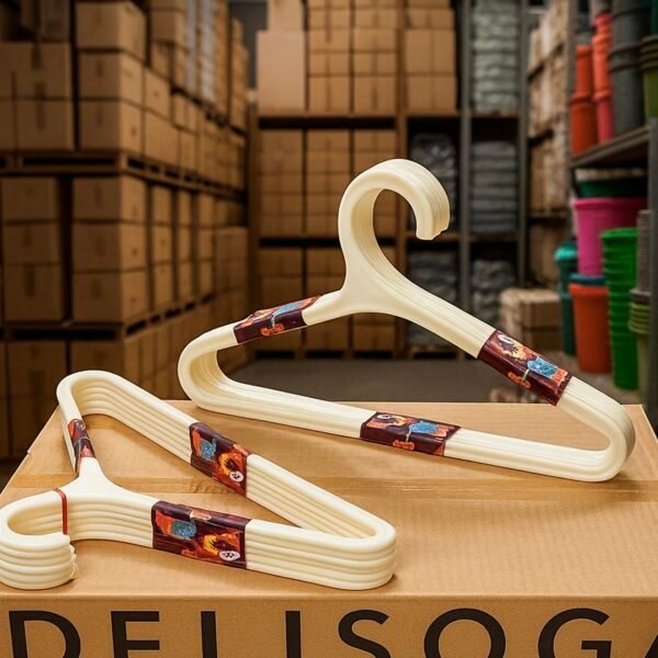 Stack of multi-color plastic hangers including yellow, blue, white, and orange for wardrobe organization