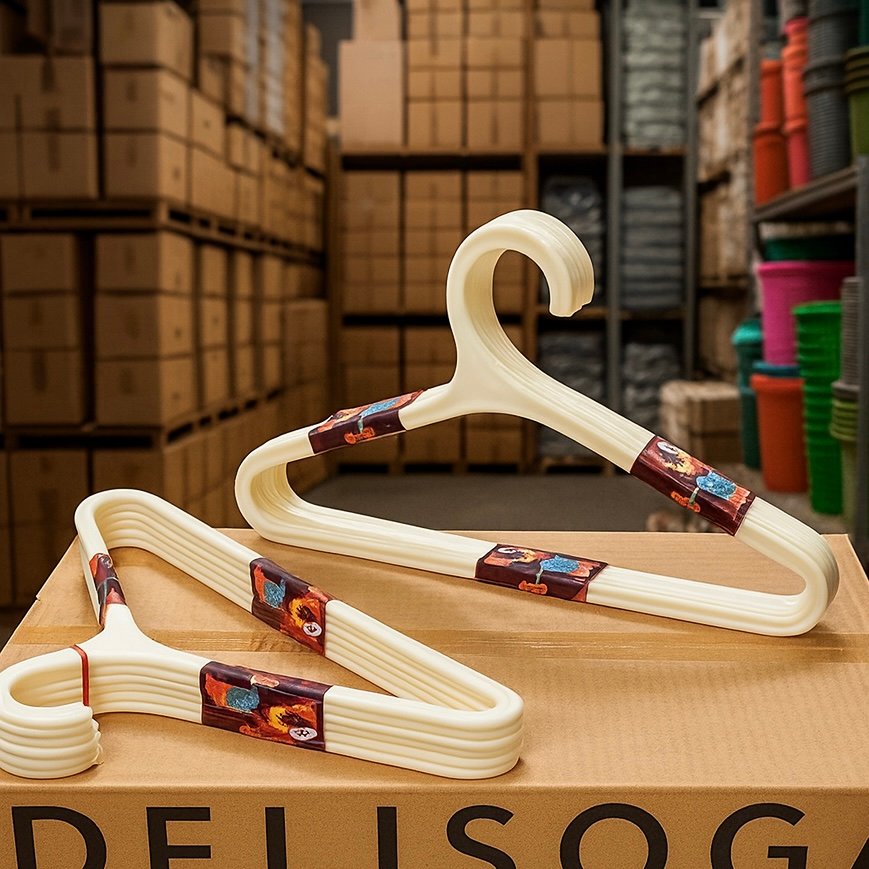 86963BA2-0251-4E15-8F5C-74D86FF9DF38 Stack of multi-color plastic hangers including yellow, blue, white, and orange for wardrobe organization