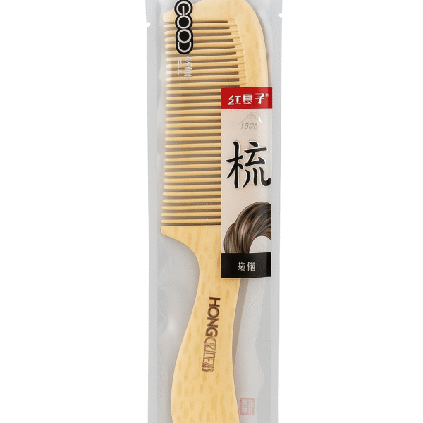 HONGXIEEI natural bamboo hair comb in retail packaging with curved handle and anti-static wide teeth design