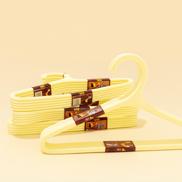 Plastic clothes hangers bundle in yellow color for wardrobe organization, ideal for shirts and pants