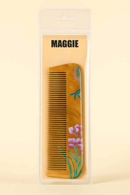 Maggie brand wooden comb in packaging with purple flower design and fine anti-static teeth for smooth detangling