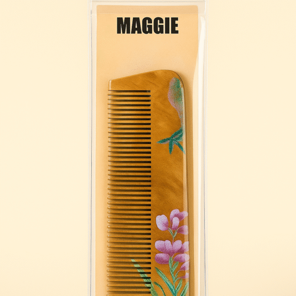Maggie brand wooden comb in packaging with purple flower design and fine anti-static teeth for smooth detangling